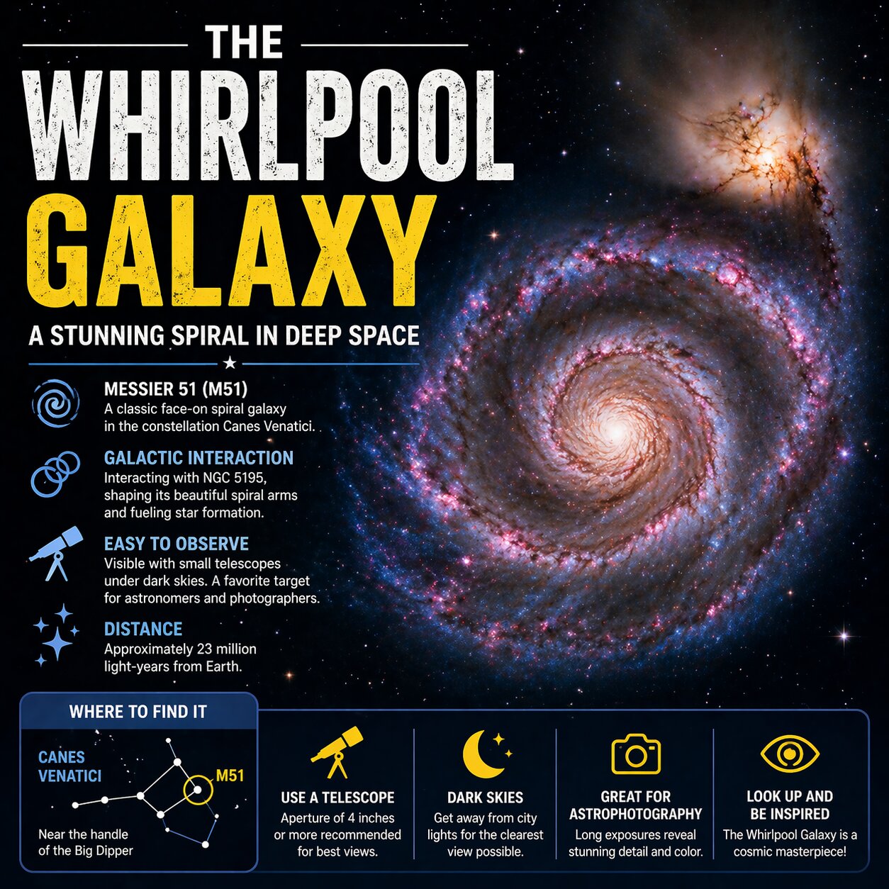 Discover the Whirlpool Galaxy and how to find and observe it in the night sky