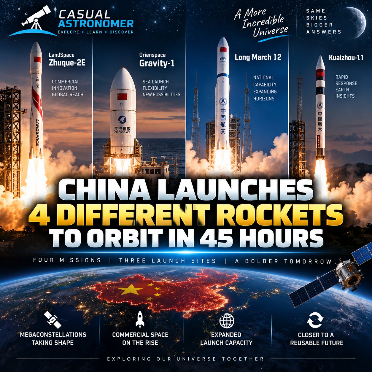 China Launches Four Different Rockets to Orbit in Just 45 Hours